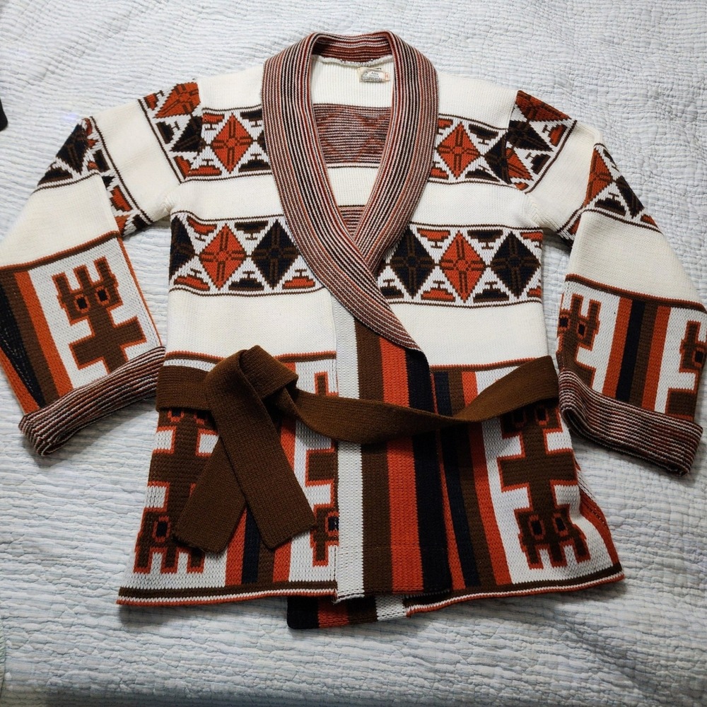 VTG Ades of California Geometric Shawl Collar Belted Cardigan Sweater M 1970s